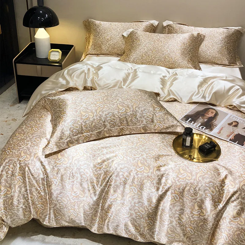 Floral Mulberry Silk Bedding Set with Duvet Cover Bed Sheet Luxury High-end Quilt Cover Fitted/Flat Bedsheet Double Queen Size