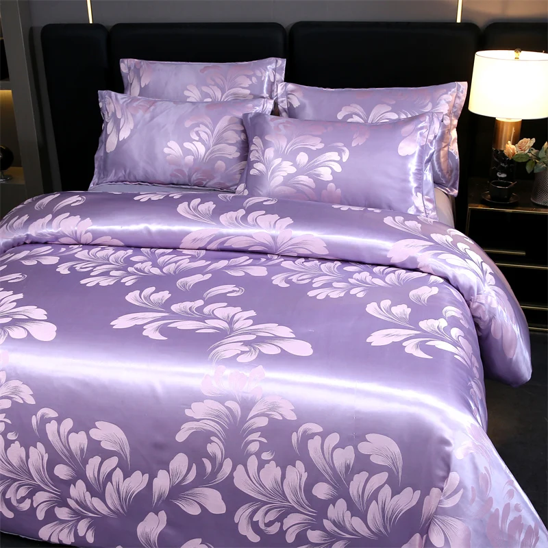 WASART Summer Satin Rayon Jacquard Duvet Cover Set 4pc Elegant Floral Luxury Bedding for Couple King Size 220x240 Cooling Fabric