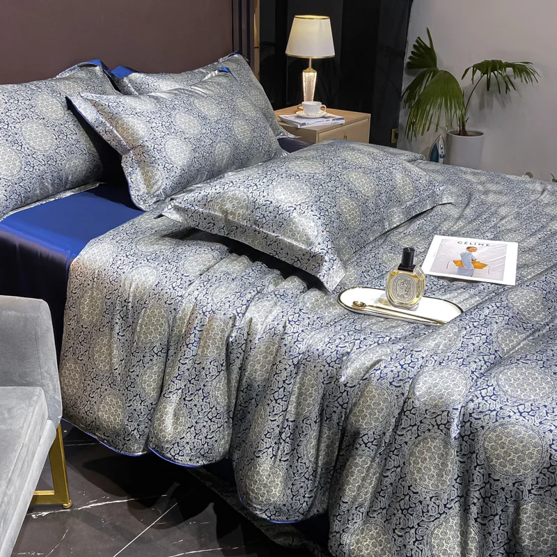 Home Silk Duvet Cover Set with Bed Sheet Pillowcase 4 Piece Natural Silk Bedding Sets Soft Smooth Comforter Covers with Zipper