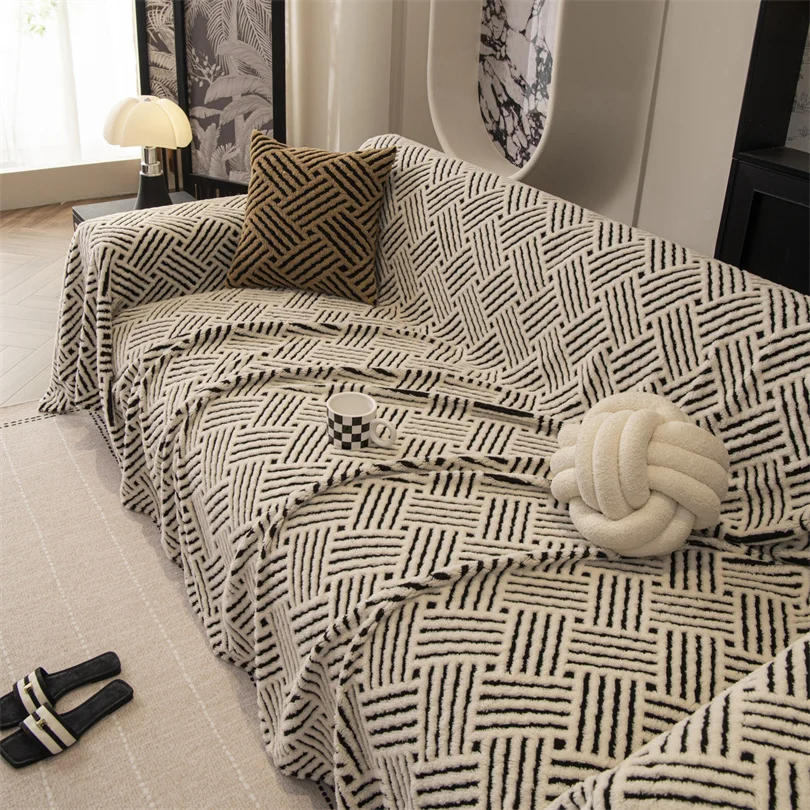 Fleece Plush Sofa Cover Cloth Thickne Anti-Slip Sofa Towel Geometric Style Couch Seat Cushion Cover Full Coverage Velvet Blanket